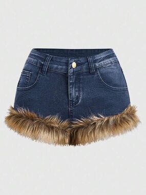Y2K Faux Fur Trim Denim Festival Micro Jean Shorts Brown Faux Fur Hem Low Rise